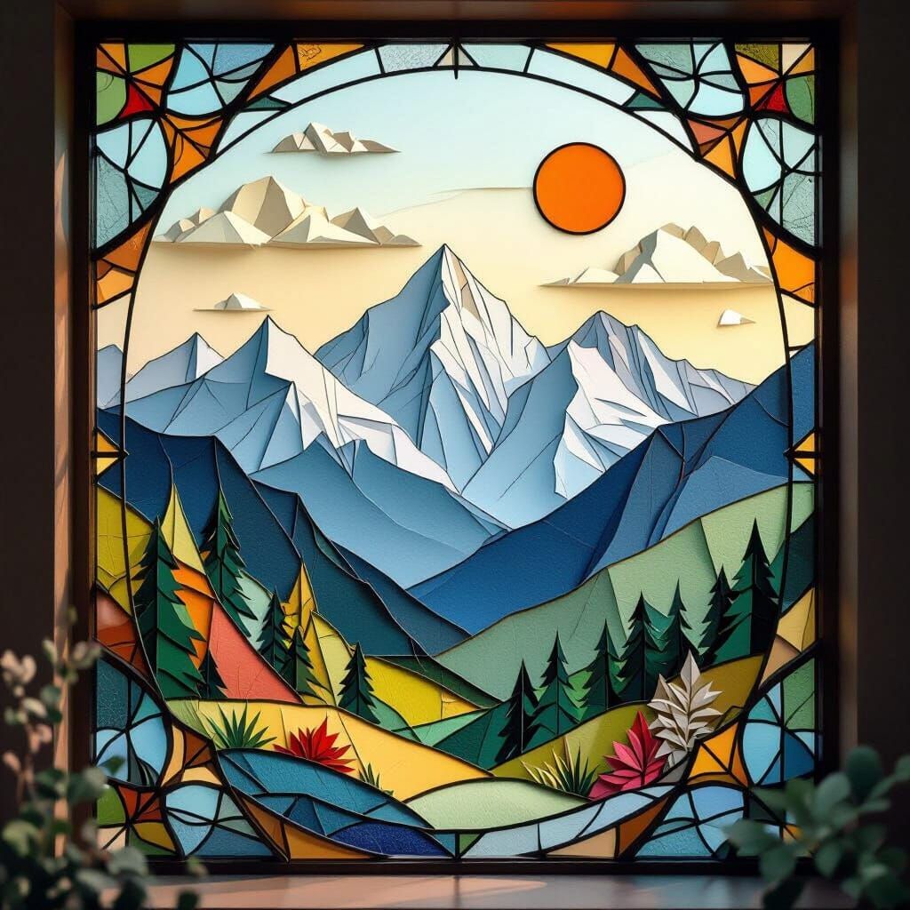 Mountain Landscape in Stained Glass Style