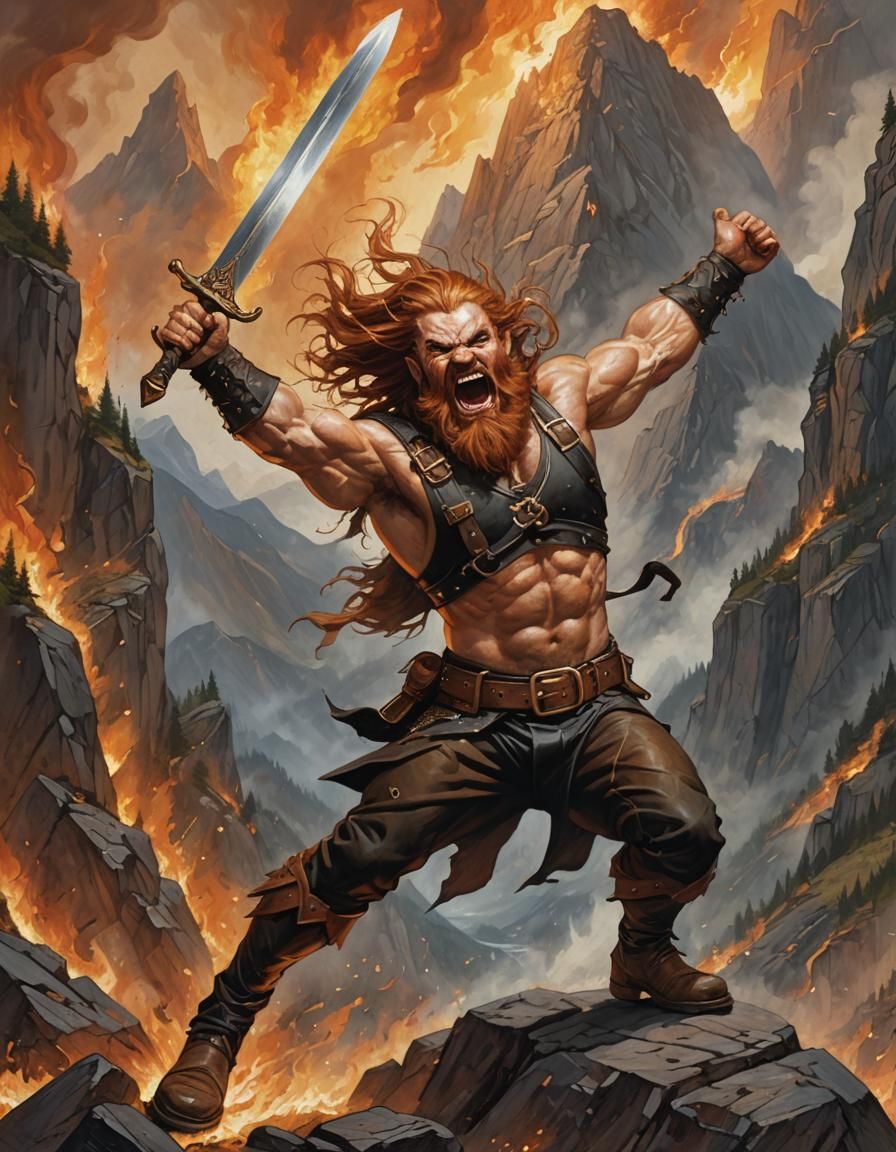 Muscular Dwarf Warrior Leaping from Burning Mountain