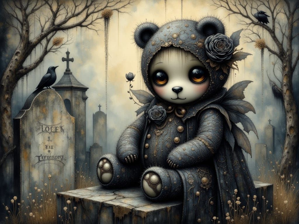 Gothic Teddy Bear with Dragon in Mystical Graveyard