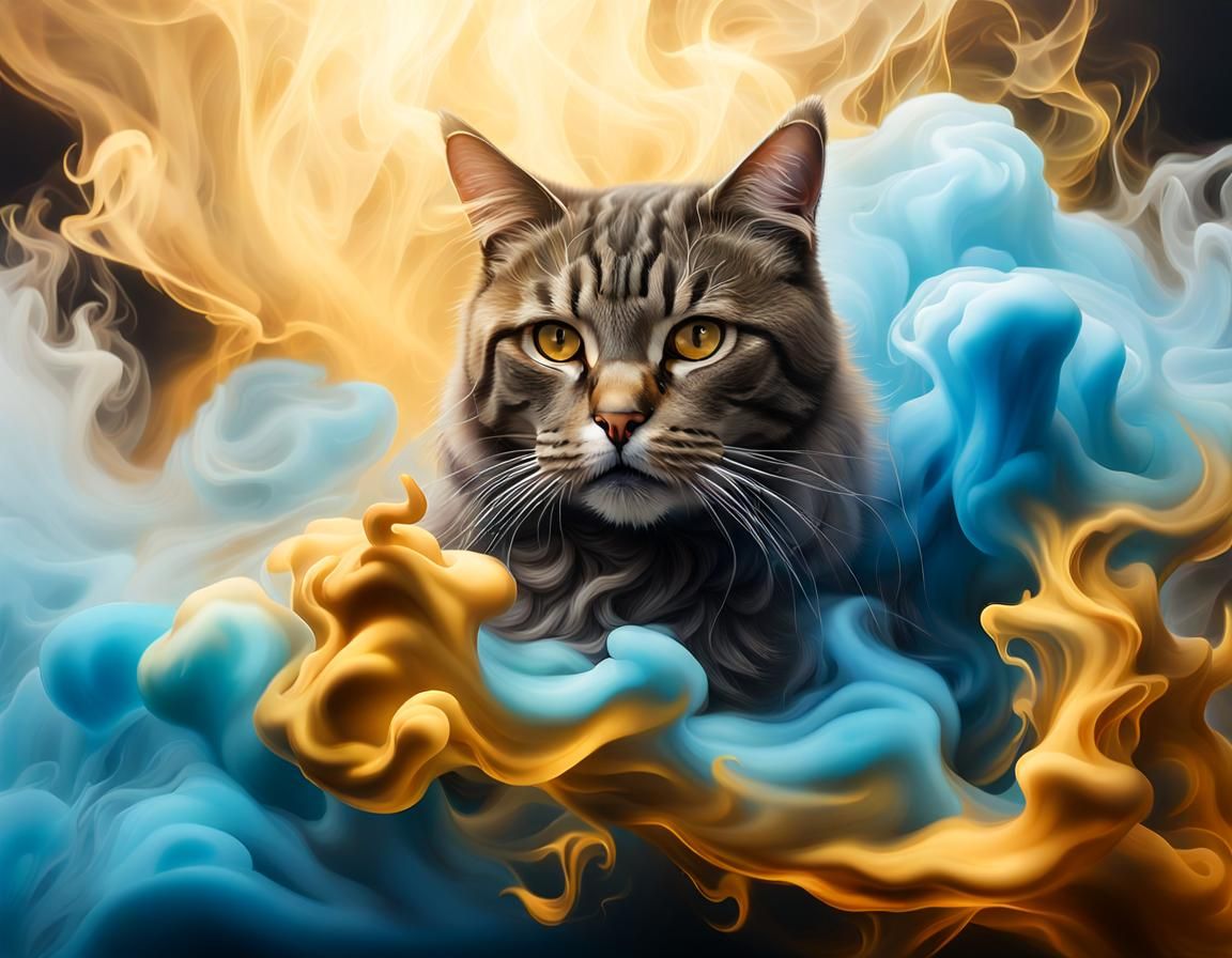 Golden Smoky Cloud with Gilded Cat in Steampunk Style