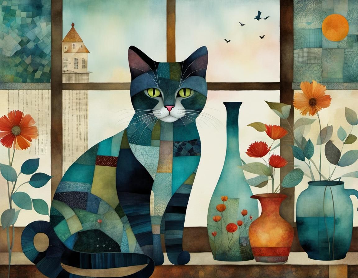 Whimsical Cat Collage with Patchwork Quilt