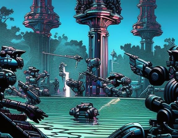 Robots Clean Rococo Pool in Futuristic Sci-Fi Scene