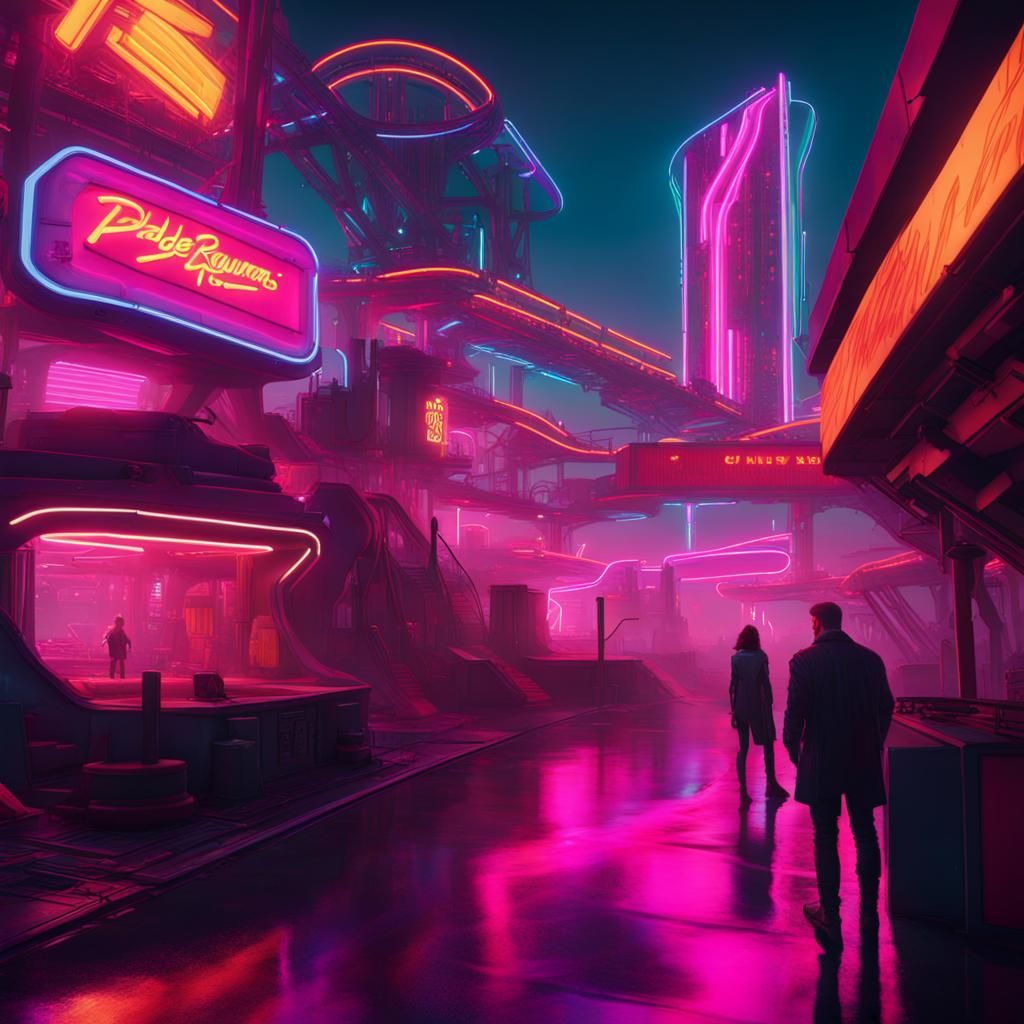 Cyberpunk Theme Park with Neon Rollercoaster