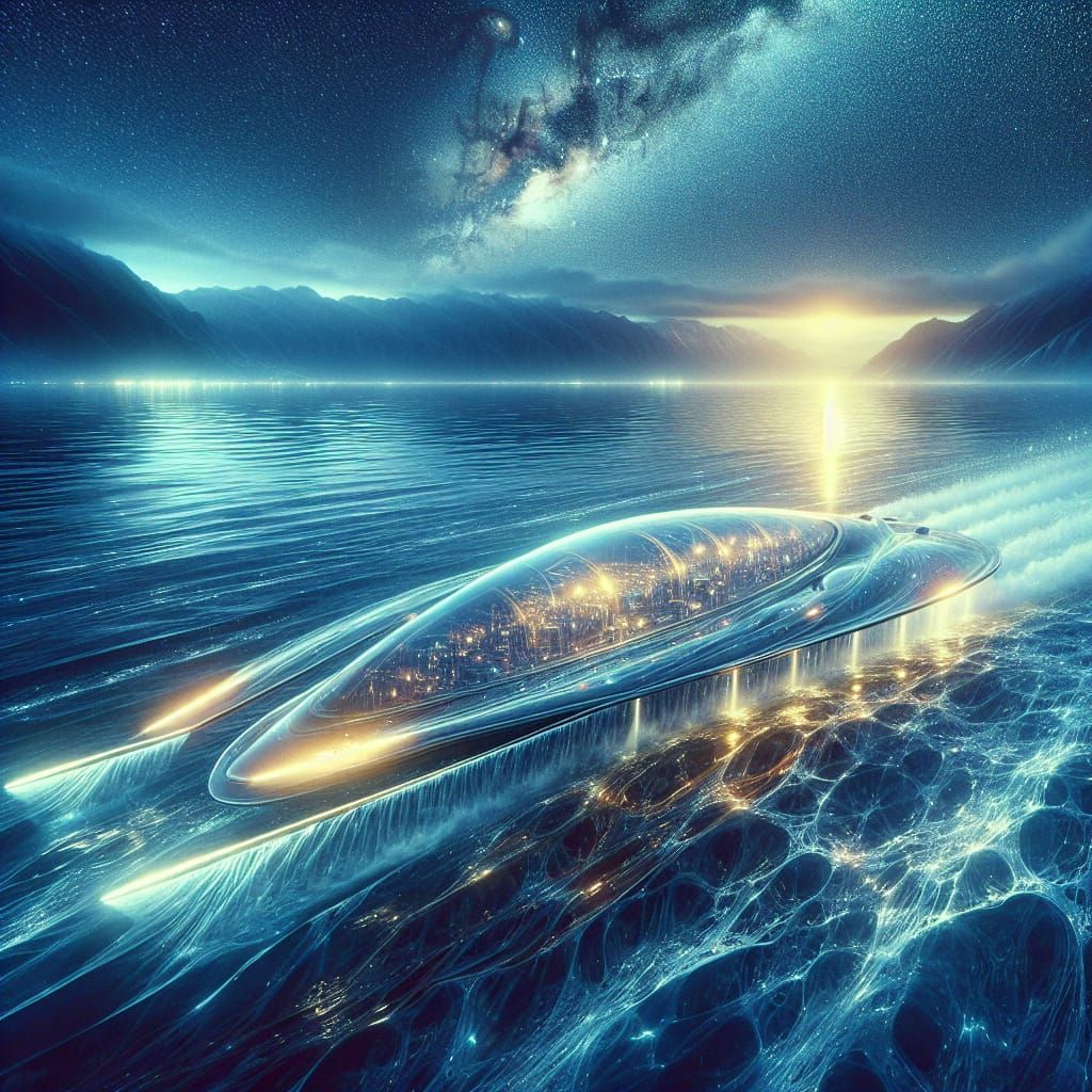 Futuristic Alien Yacht on Alien Ocean at Night