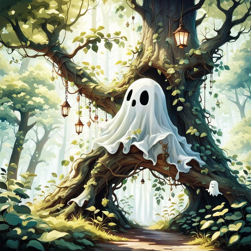 Whimsical Ghost in Enchanted Forest Scene