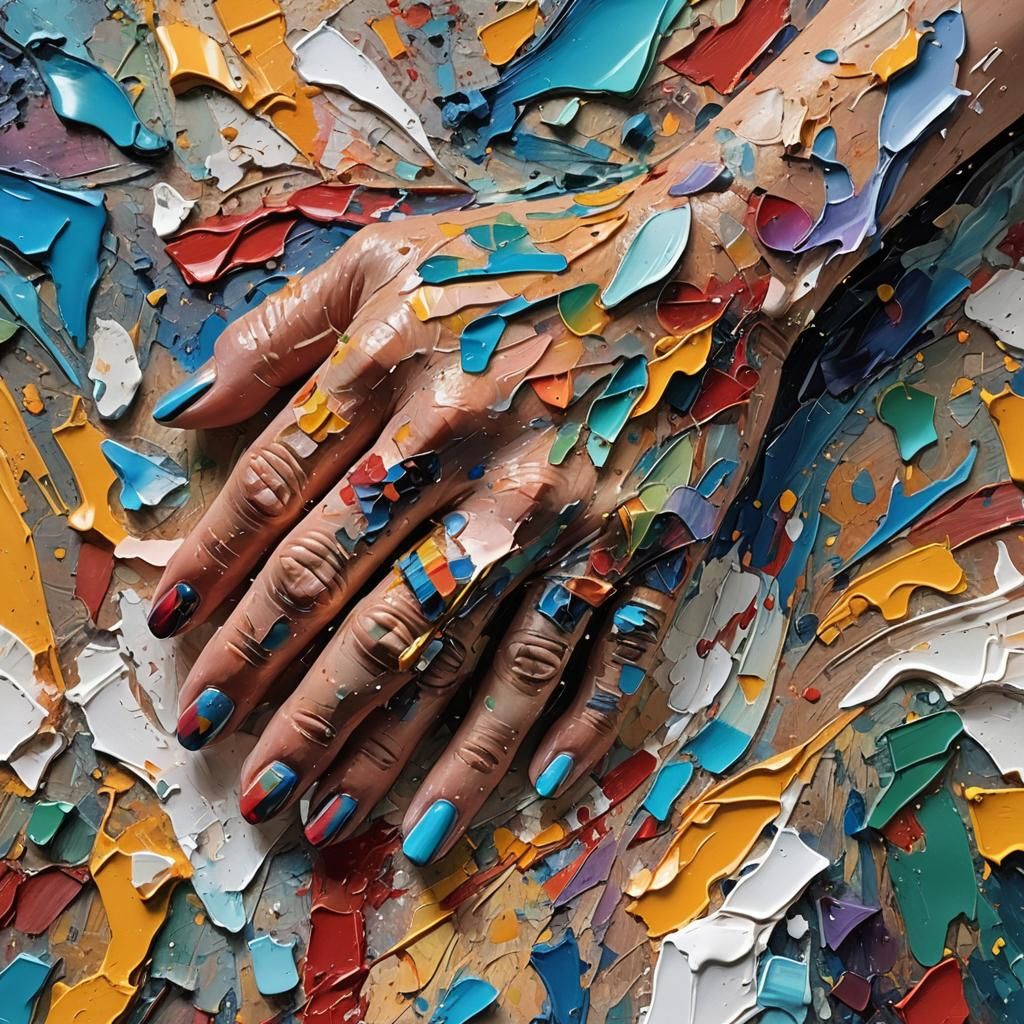 Close-Up Impasto Hand with Colorful Brushstrokes