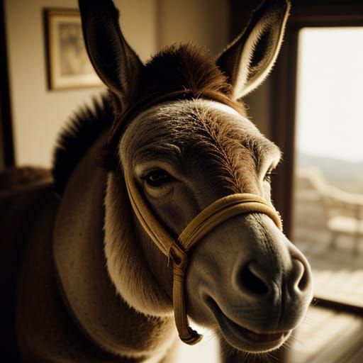 Donkey in Cinematic Film Still with Warm, Golden Lighting