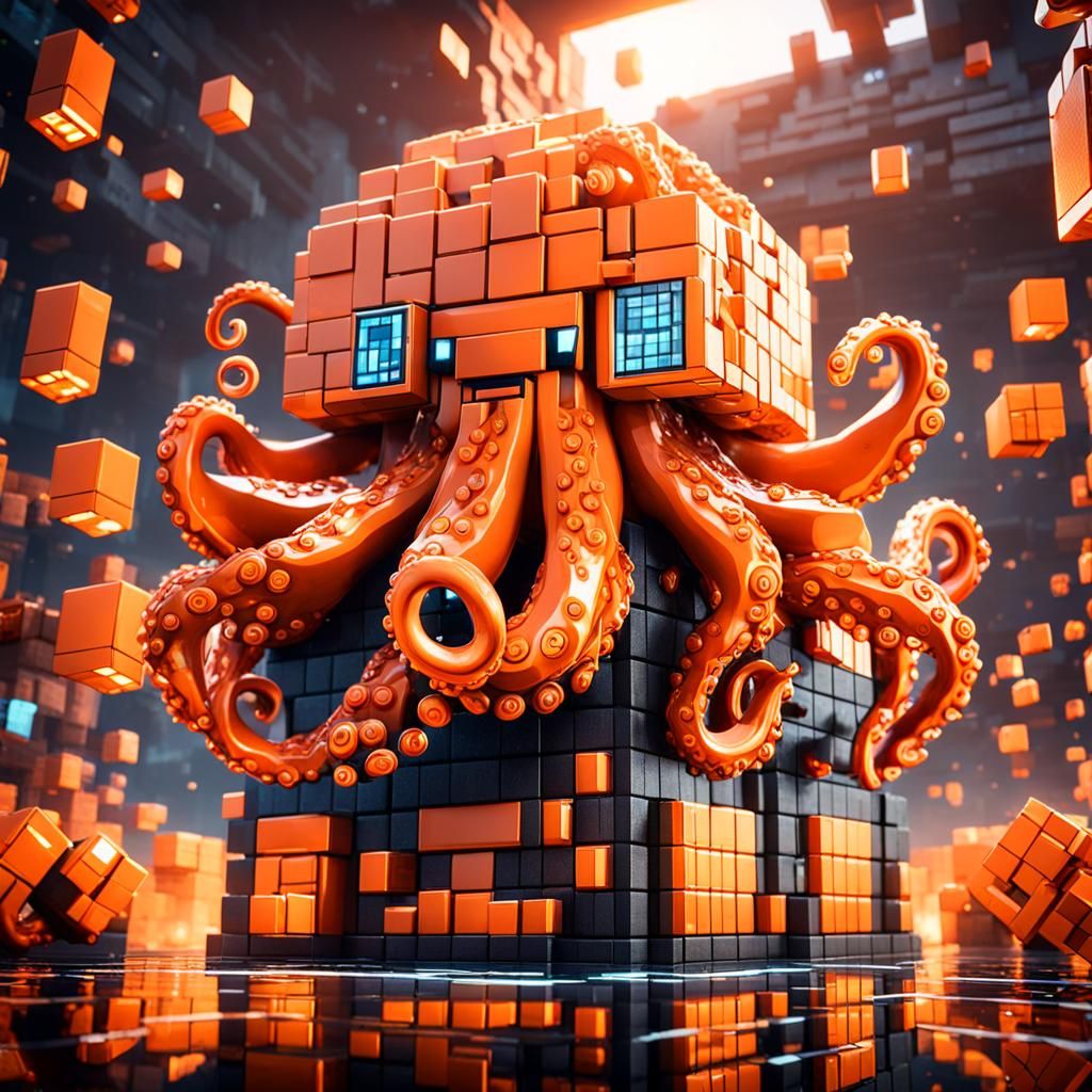 Orange Octopus Builds with Minecraft Blocks in 3D