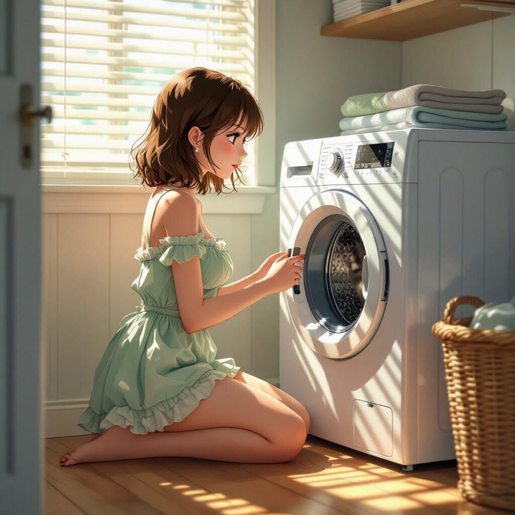 Anime Woman Gazes into Washing Machine in Warm Laundry Room