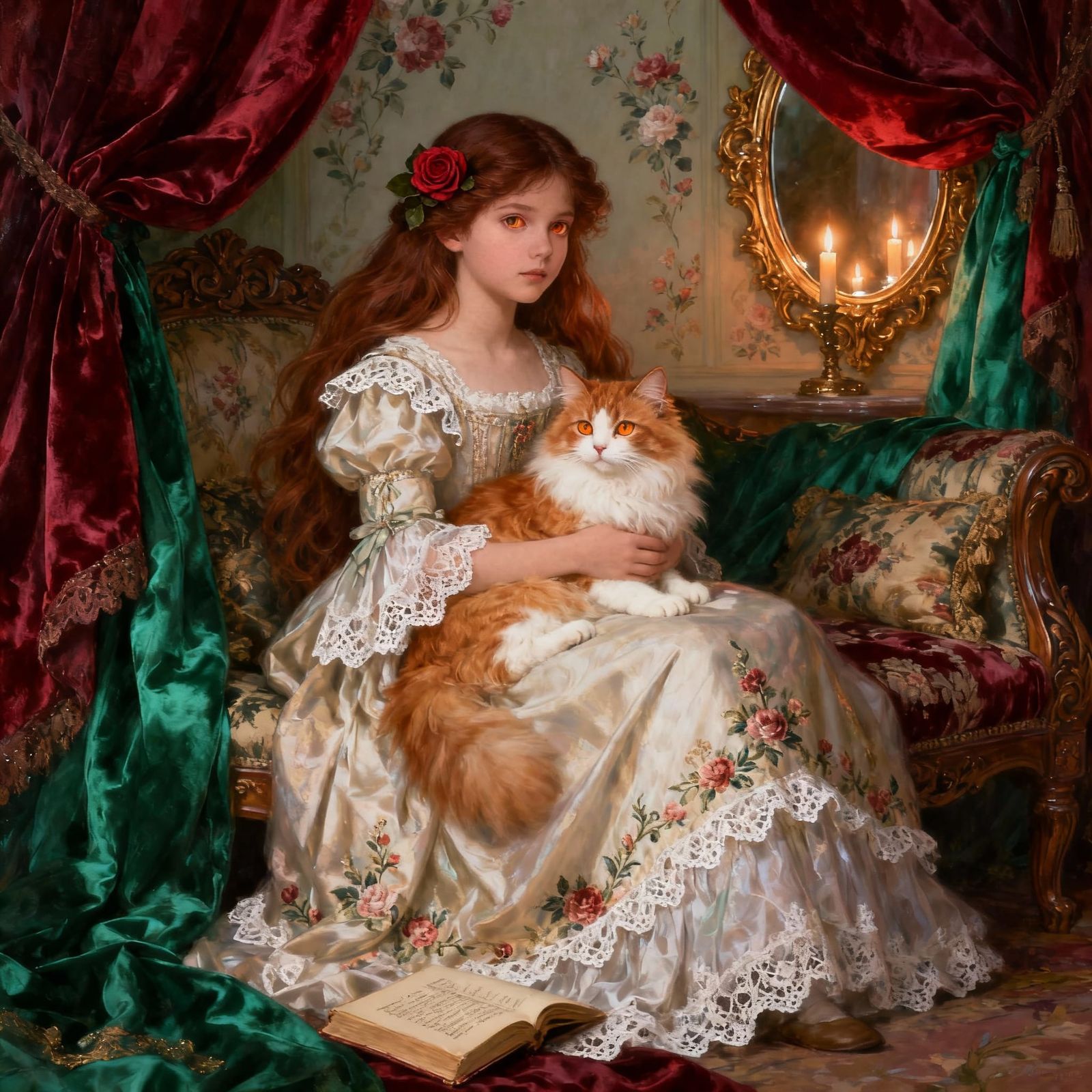 Victorian Girl Holds Orange Cat in Opulent Setting