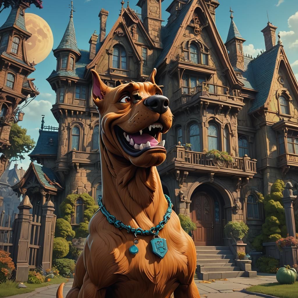 Scooby-Doo in front of the haunted house