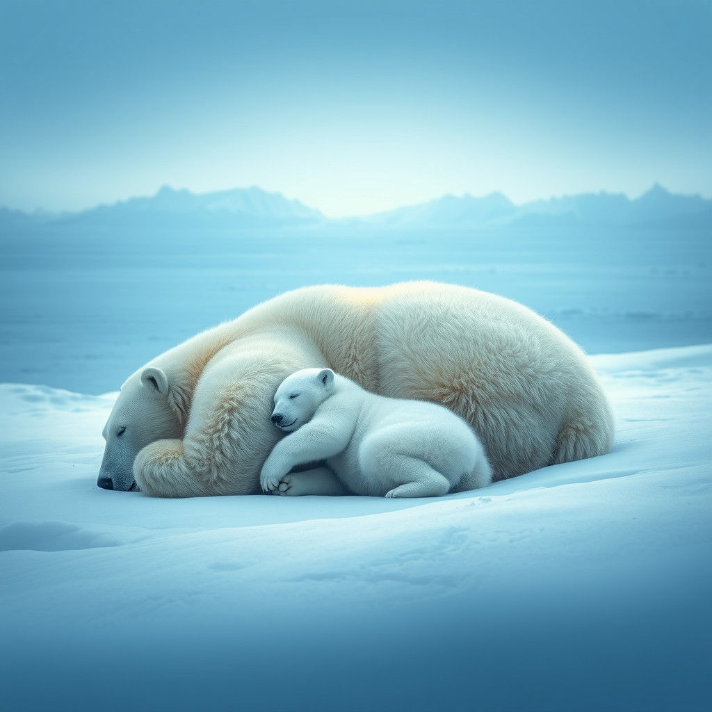 Polar Bear Mother and Cub in Arctic Landscape