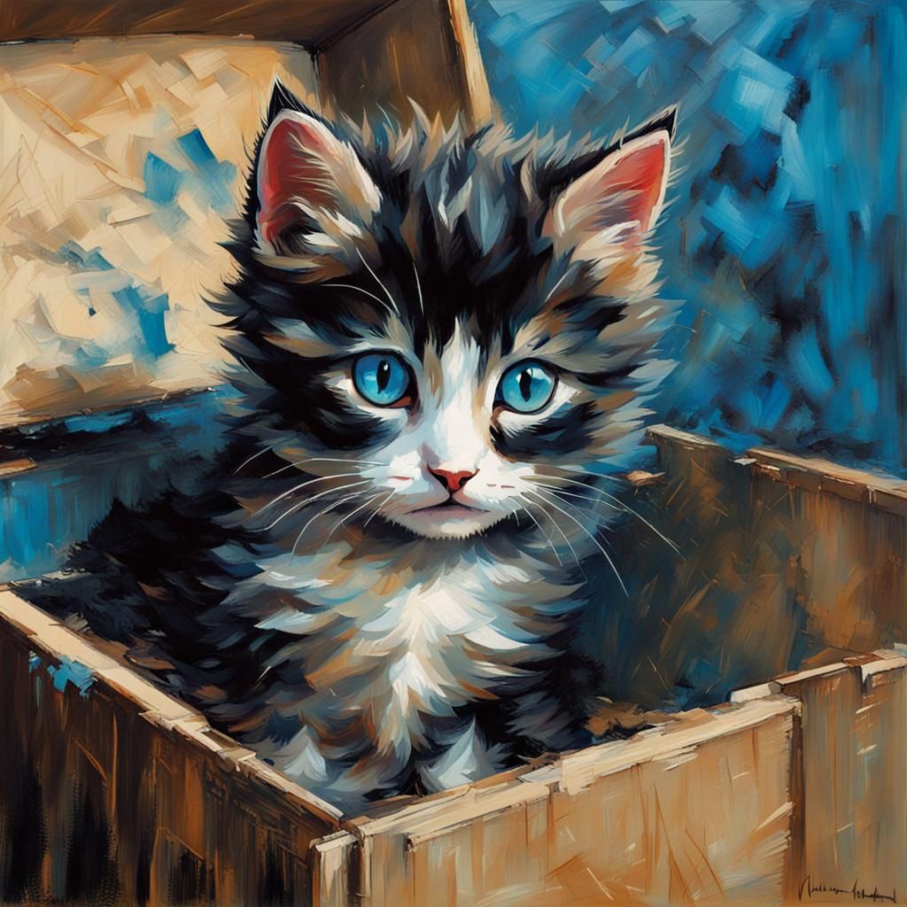 Kitten in Box: Post-Impressionistic Feline Portrait