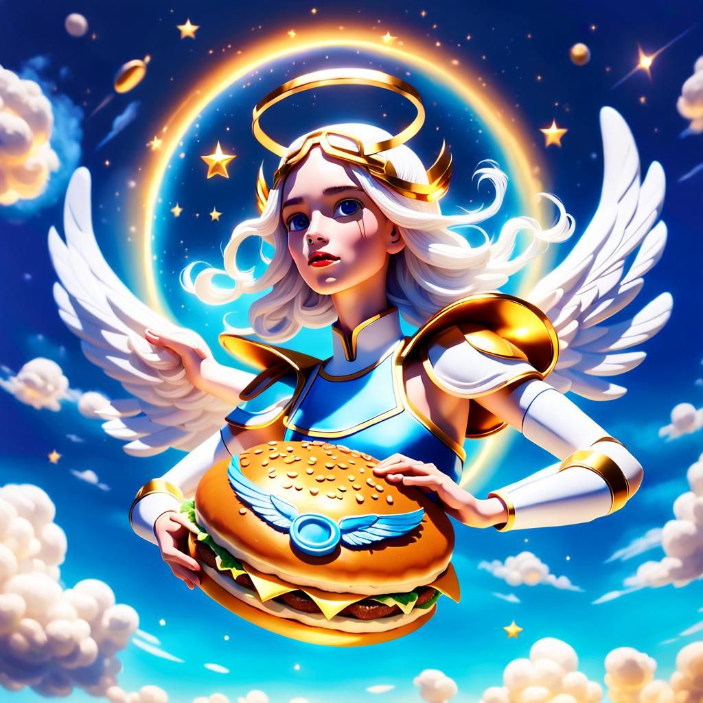 Whimsical Hamburger with Halo and Wings: 3D Render