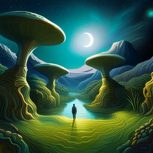 Surreal Garden of Glowing Plants and Robotic Creatures