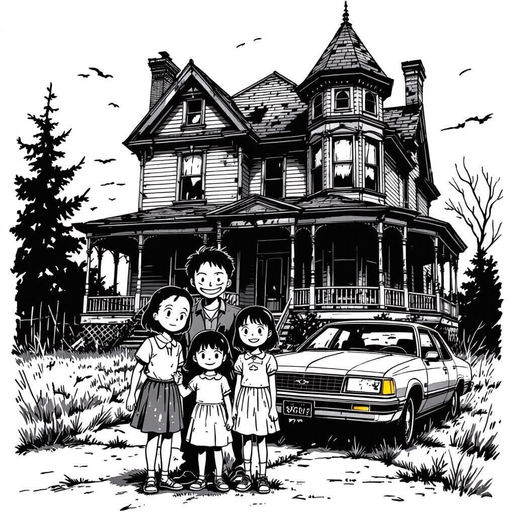 Family Poses Fearfully Before Haunted Victorian Mansion