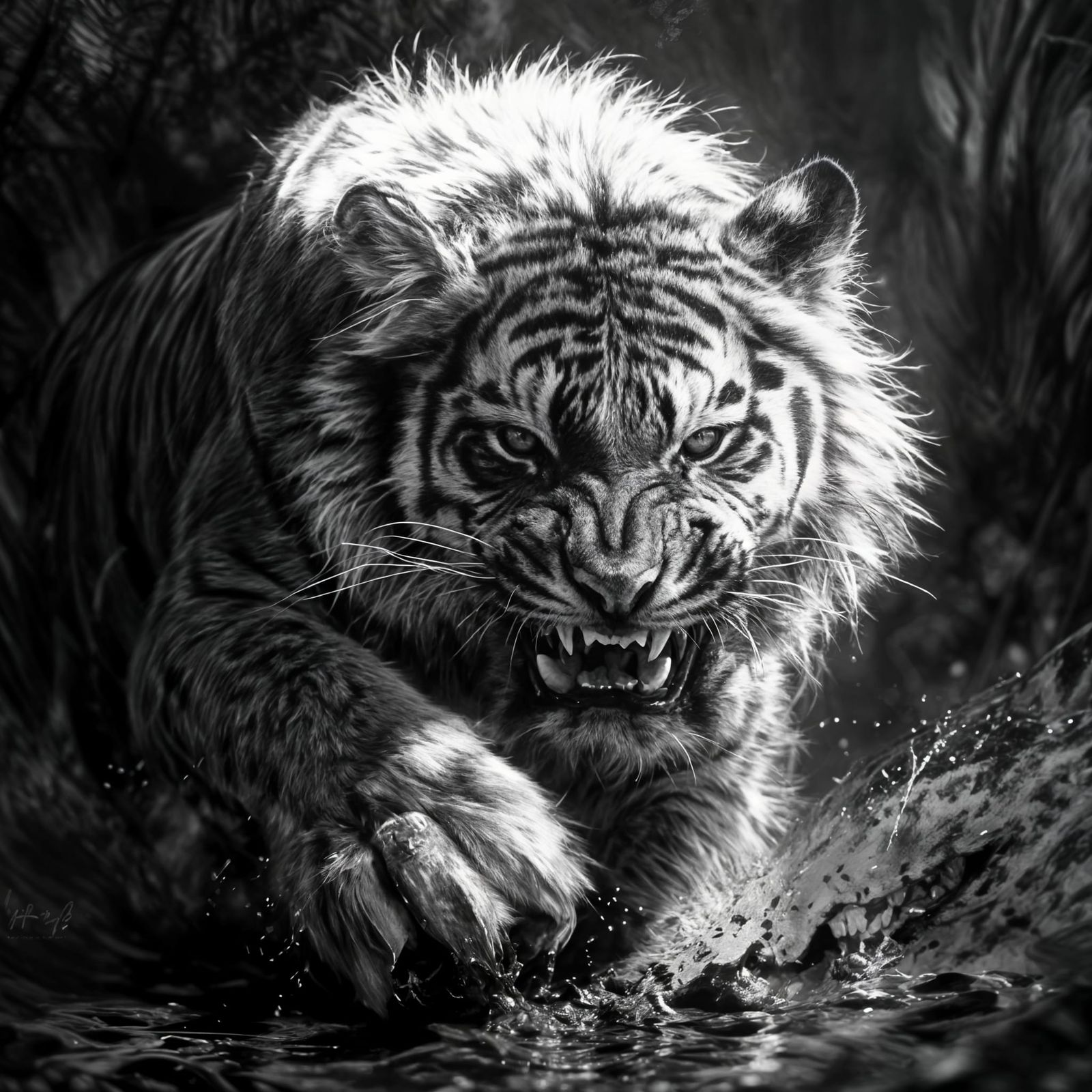 Fierce Tiger Charging in Dramatic Black and White