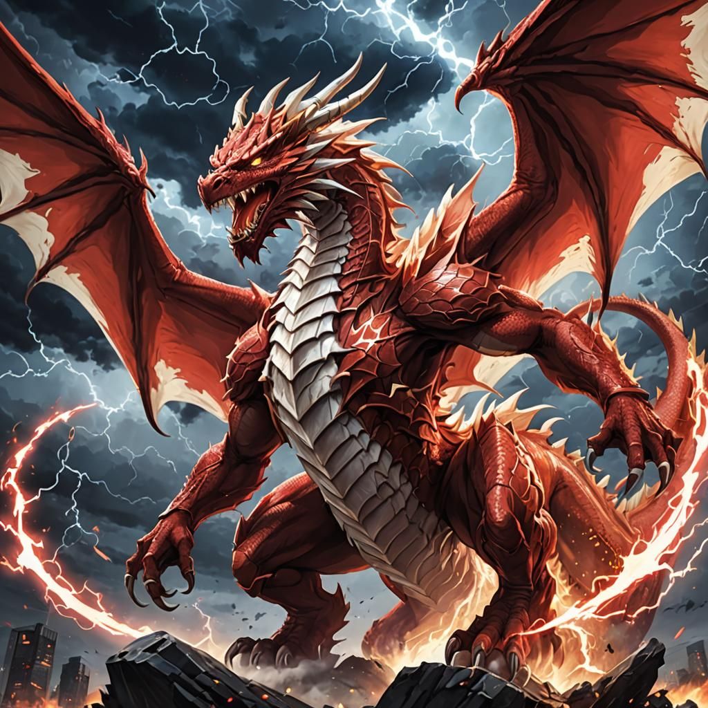 Red and White Dragon Unleashes Lightning in Anime Style