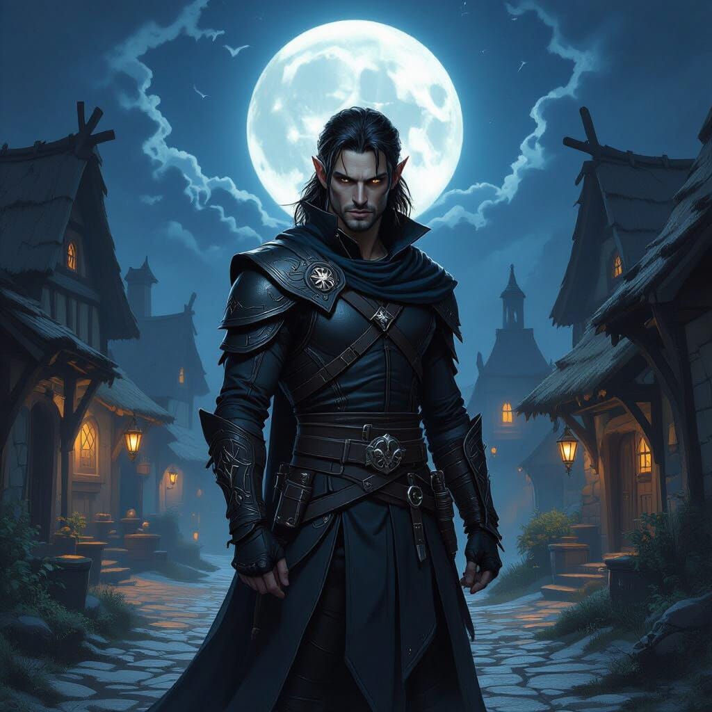 Male Half-Elf Blood Hunter in Moonlit Fantasy Village