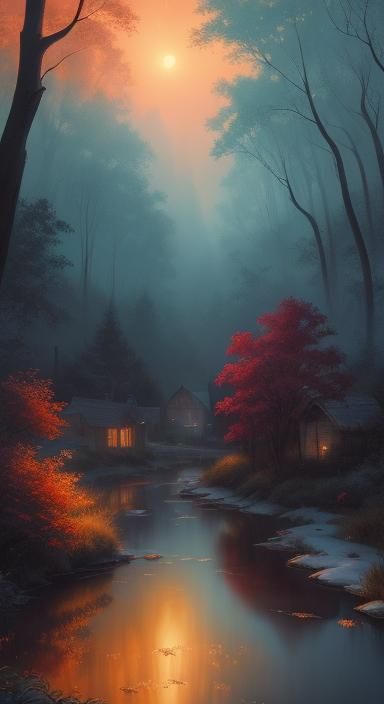 Fantasy Village at Twilight: Oil Painting Masterpiece