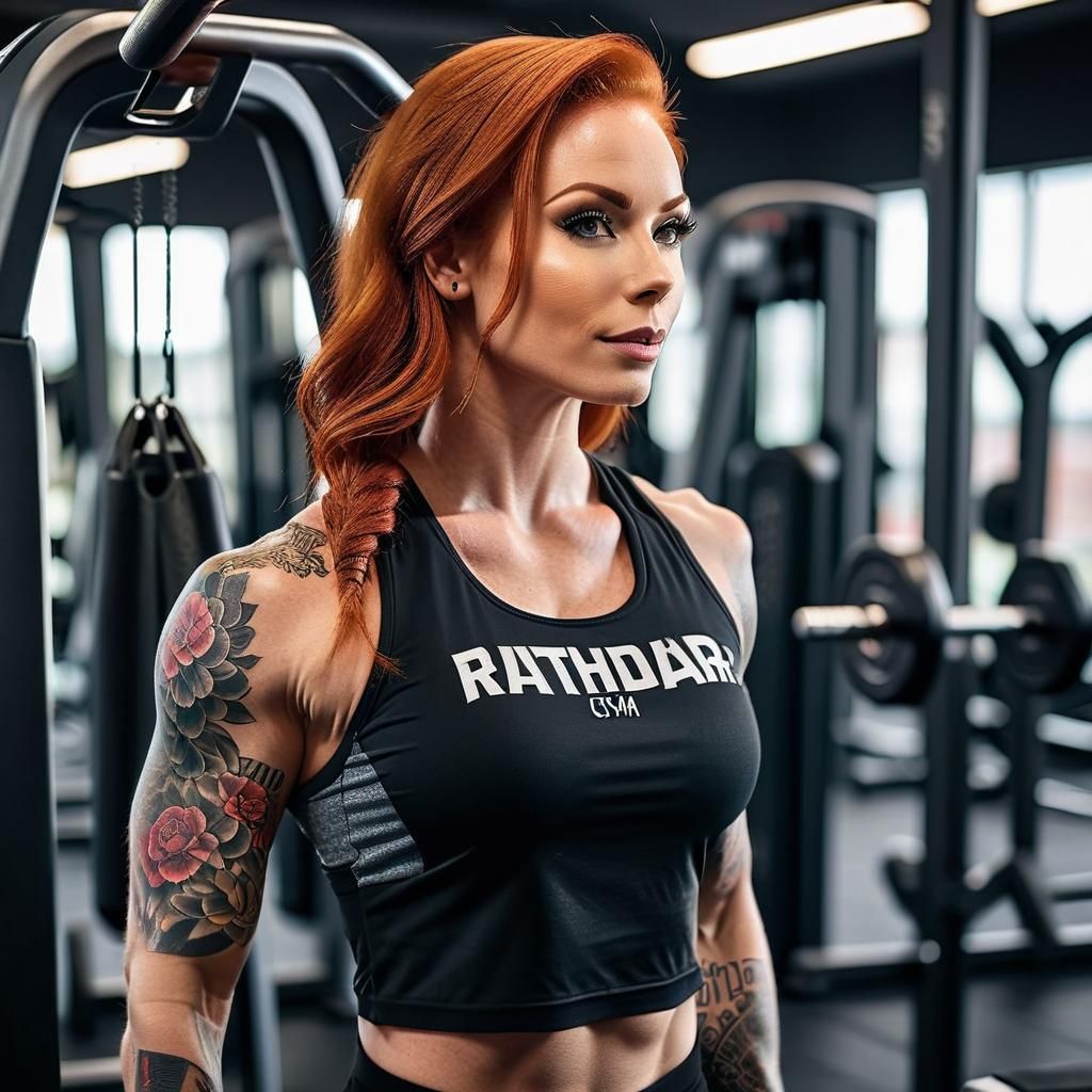 Realistic Portrait of Tattooed Redhead Fitness Model