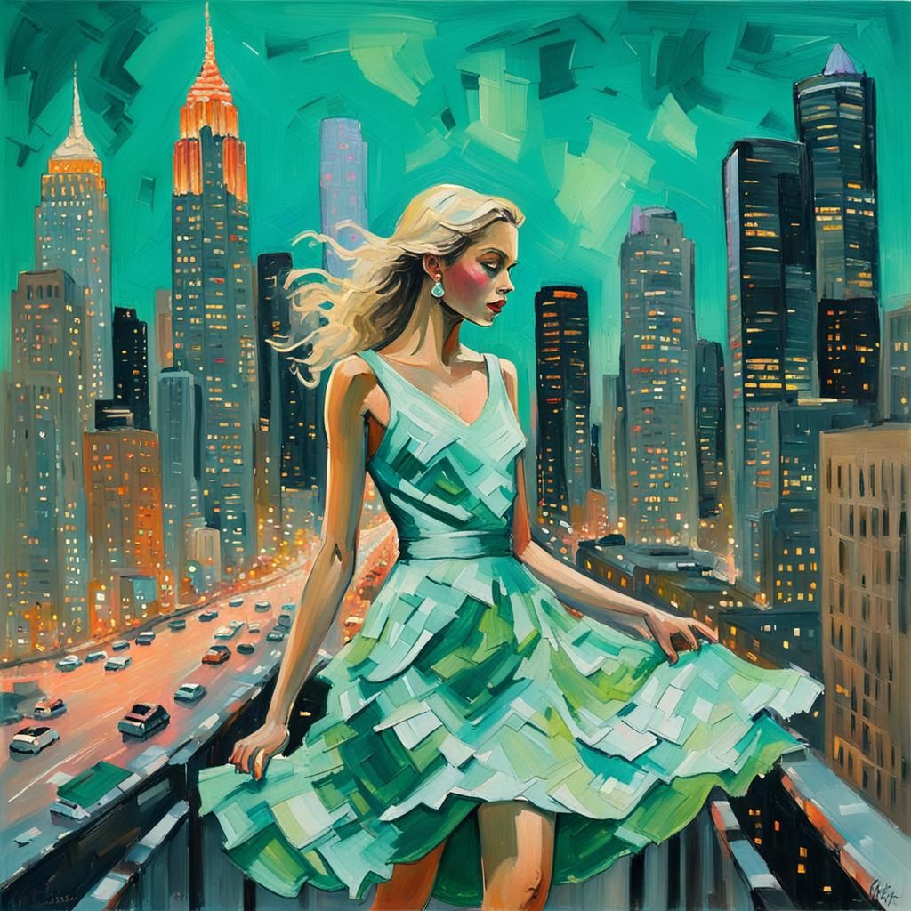 Blonde Girl in Mint Dress Amid Cityscape, Impasto Gouache