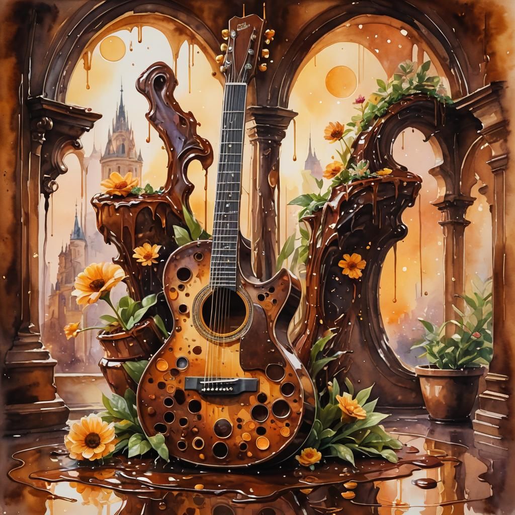 Melting Chocolate Guitar in Watercolor Impressionism