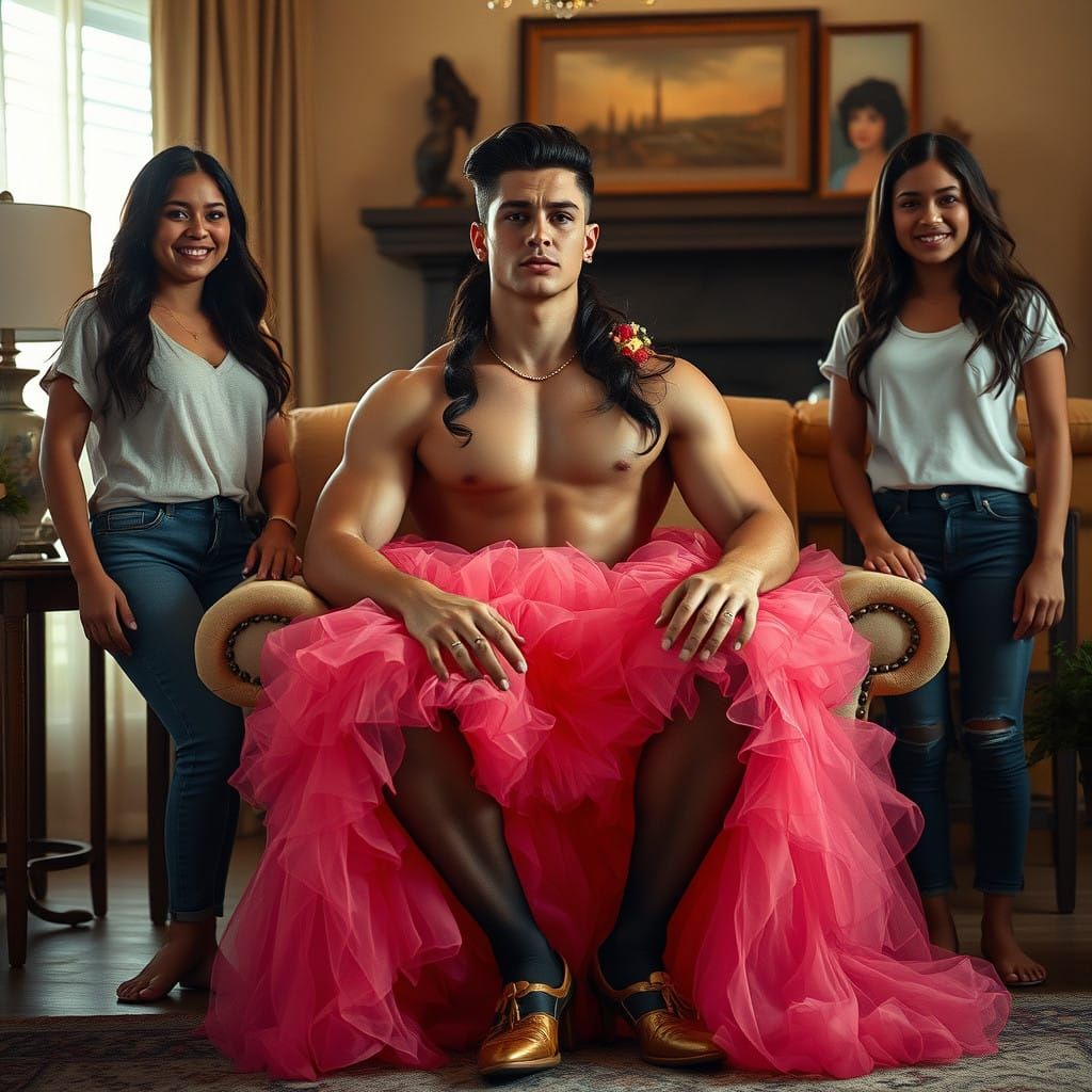 Strong-Jawed Young Man Embracing Femininity in Quinceañera G...