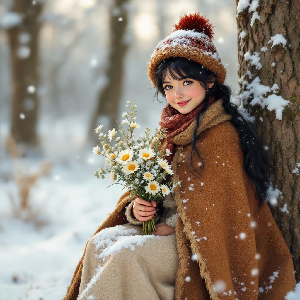 Cheerful Bavarian Girl in Snowy Meadow