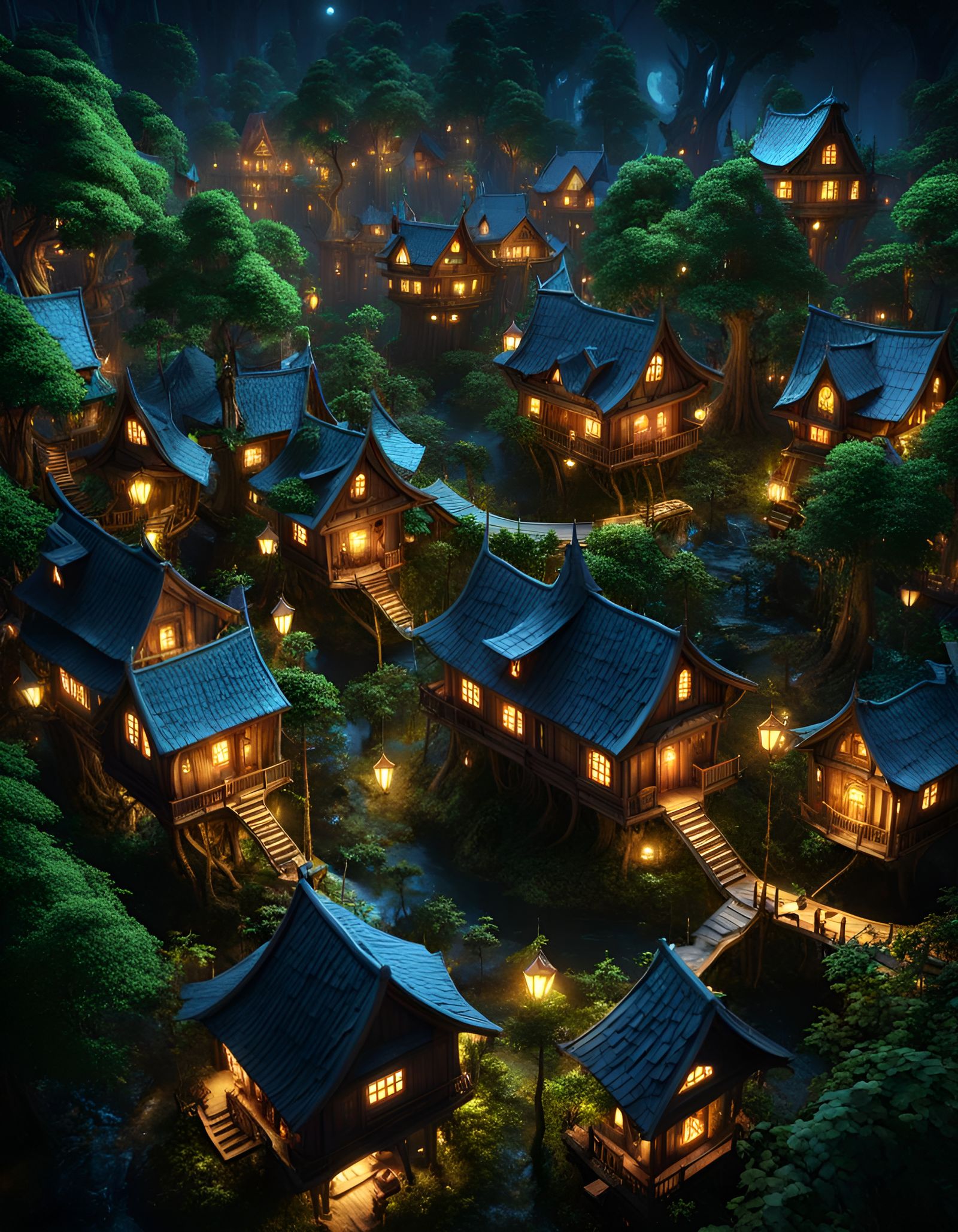 Goblincore Tree City at Night in Dark Fantasy Style