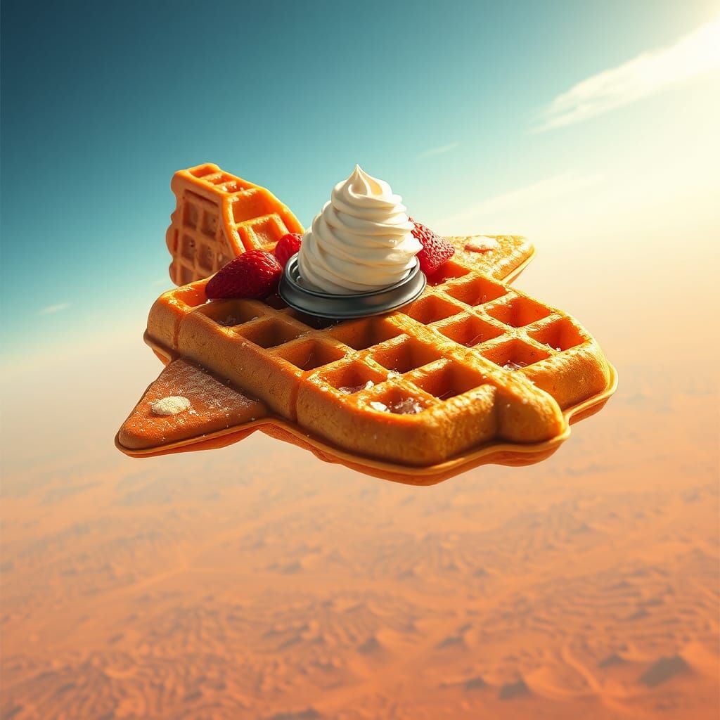 Honey Waffle Starship Over Desert, Digital Art