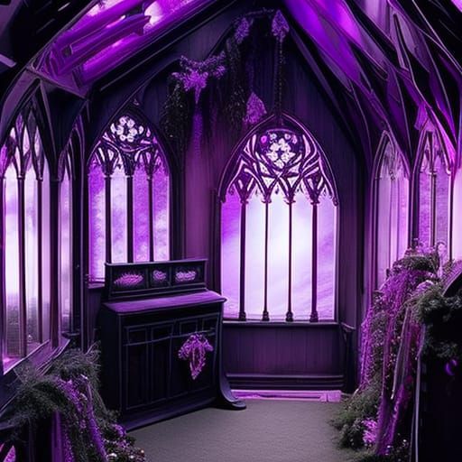 Gothic she shed painted black with purple trimming& decorated with purple Christmas lights& Beautiful Gothic windows& go...