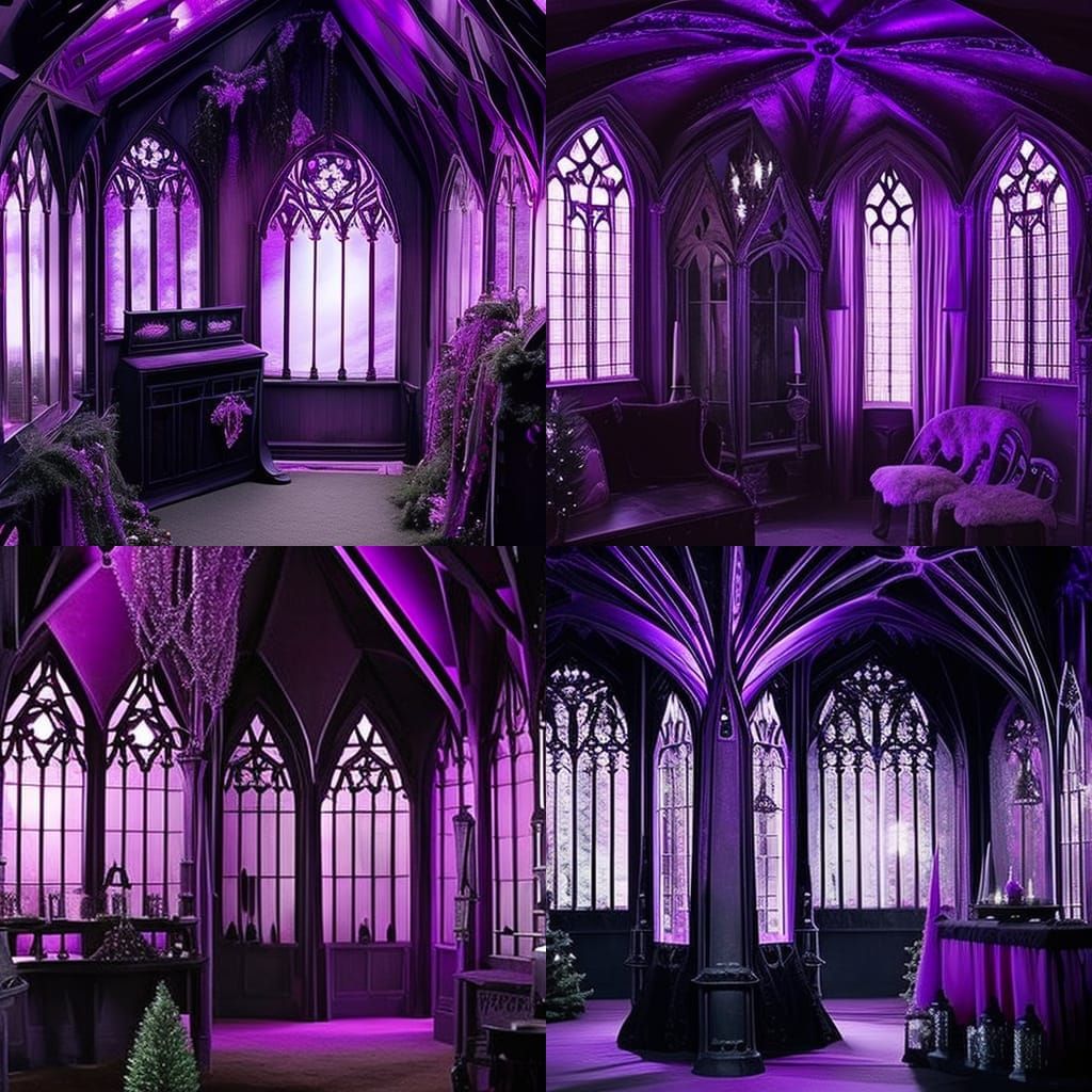 Gothic she shed painted black with purple trimming& decorated with purple Christmas lights& Beautiful Gothic windows& go...