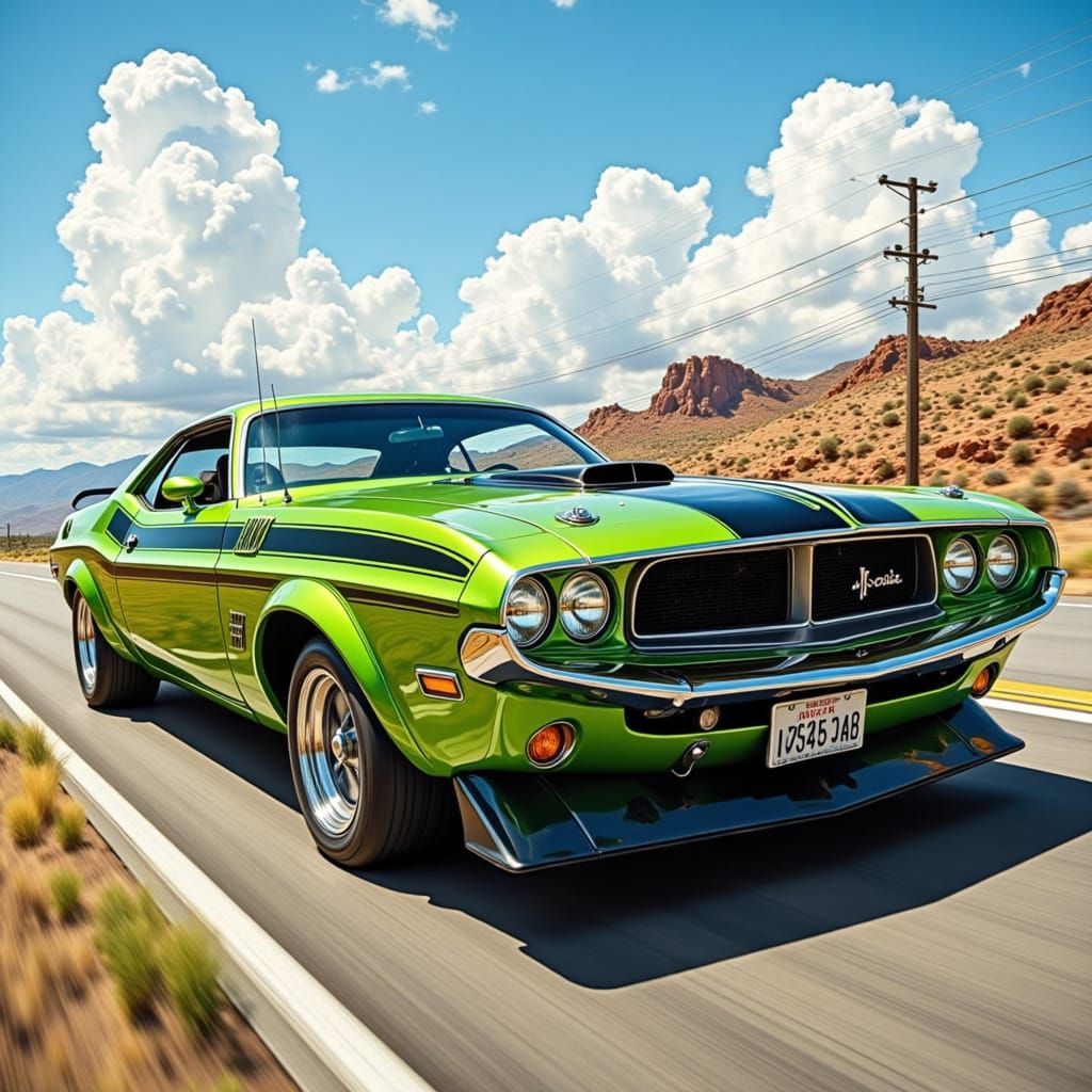 Lime Green Challenger Races Down the Highway