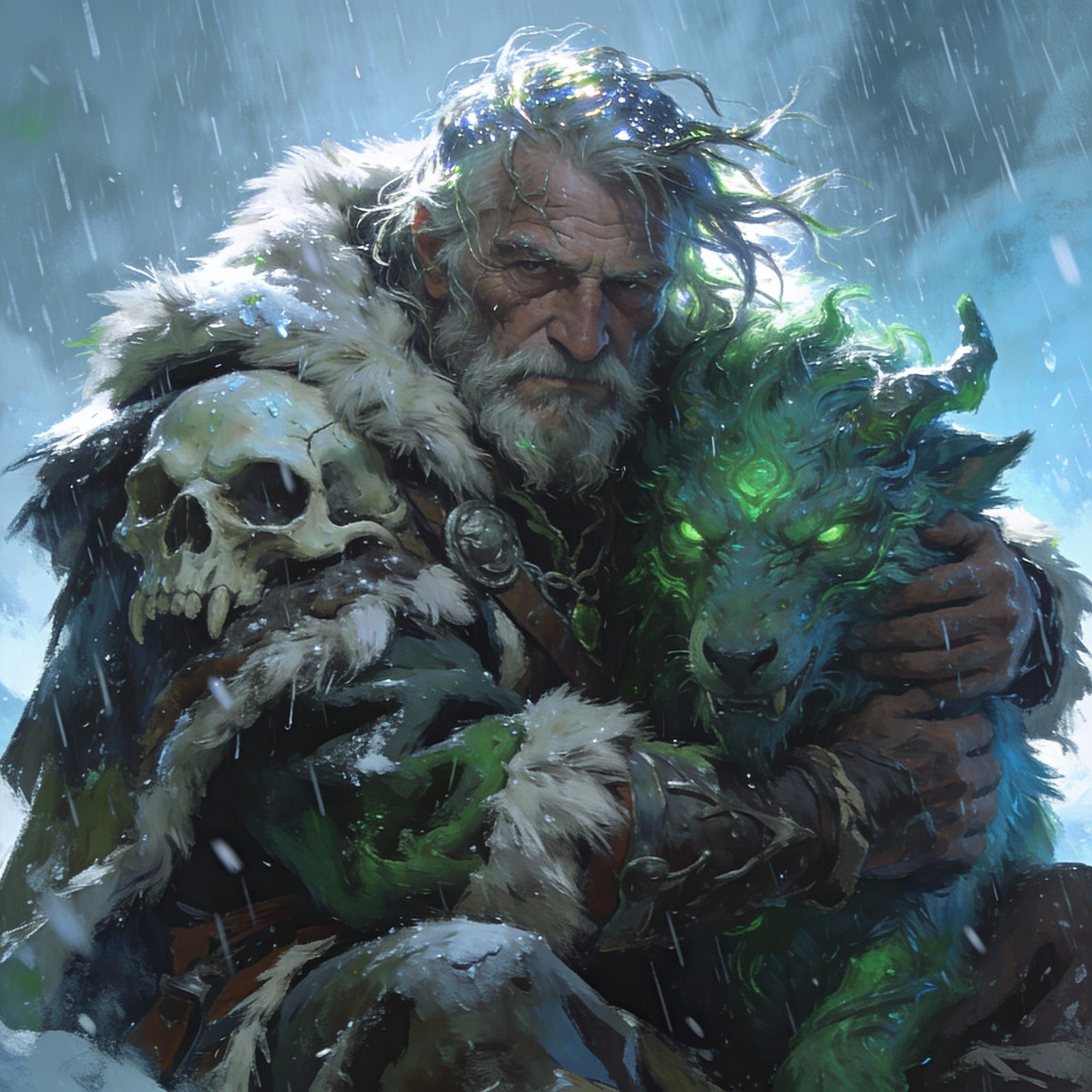 Mystical Shaman Hugs Beast in Storm