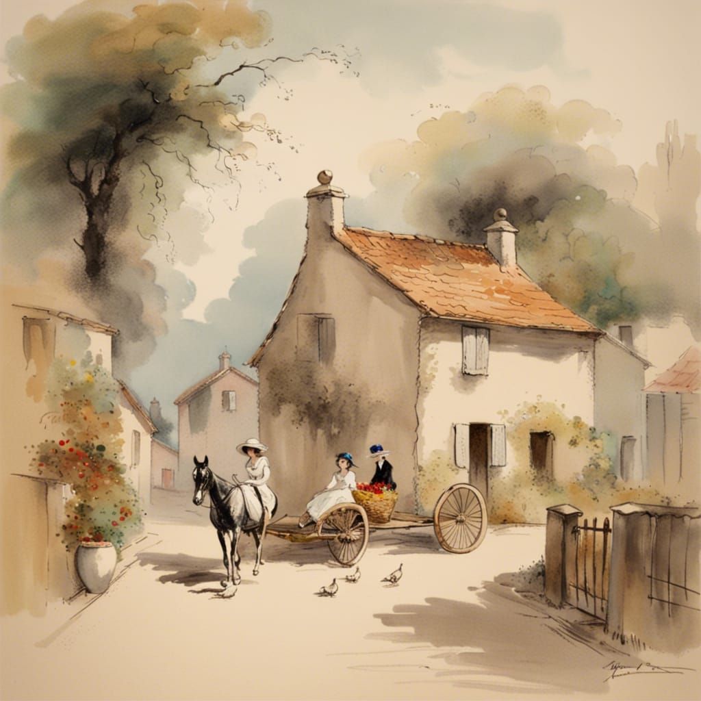 Charming Village Scene in Louis Icart Style