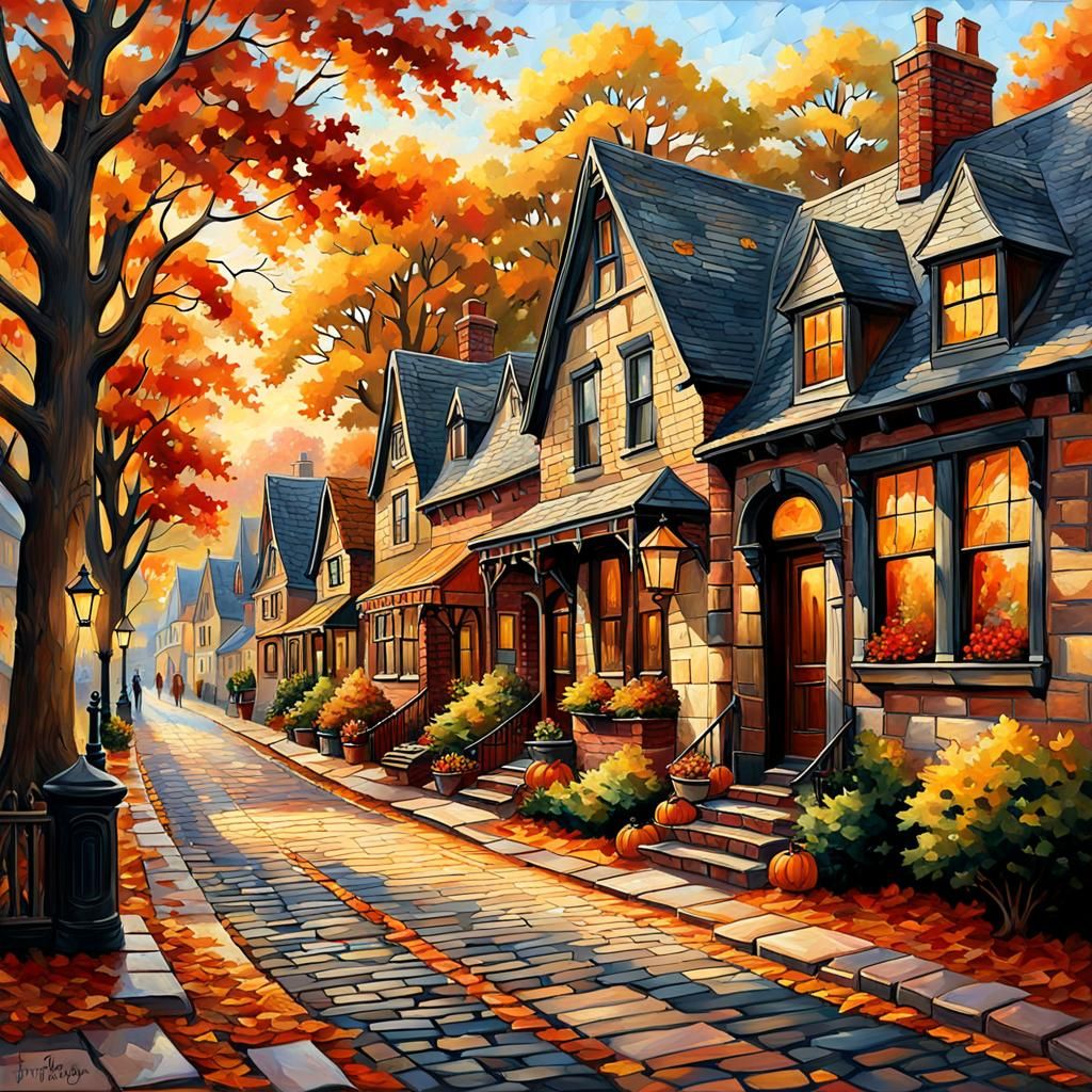 Picturesque Victorian Village Scene in Autumn Hues