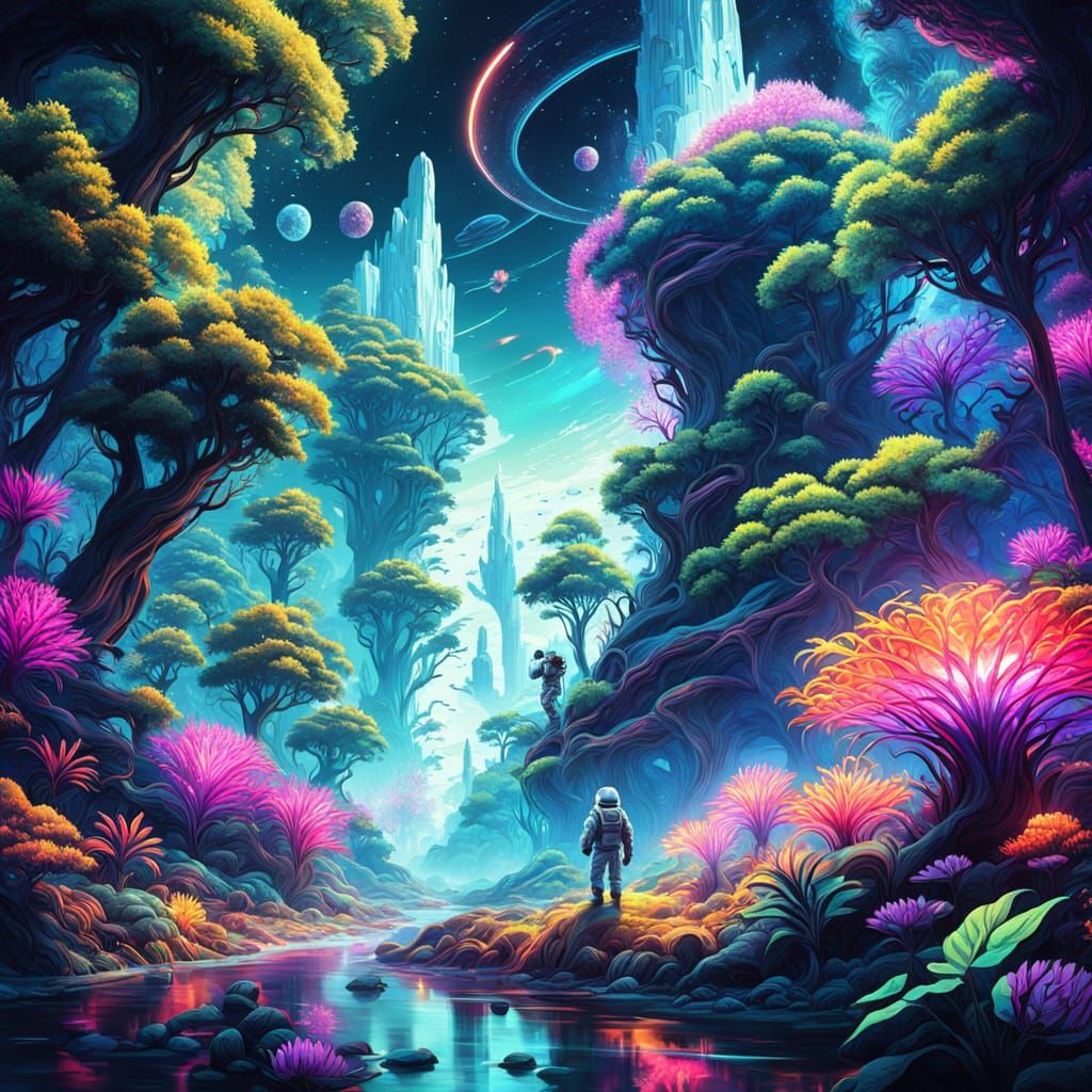Astronaut Exploring Alien Jungle Planet in Neon Glow