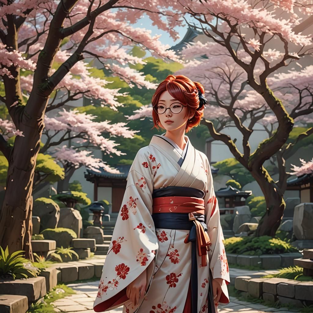 Anime Geisha Girl with Red Hair in Garden