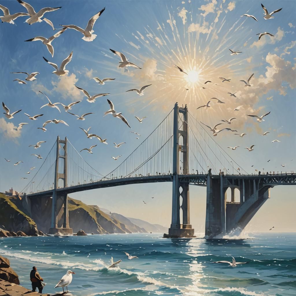 Majestic Bridge Over Azure Sea with Gulls