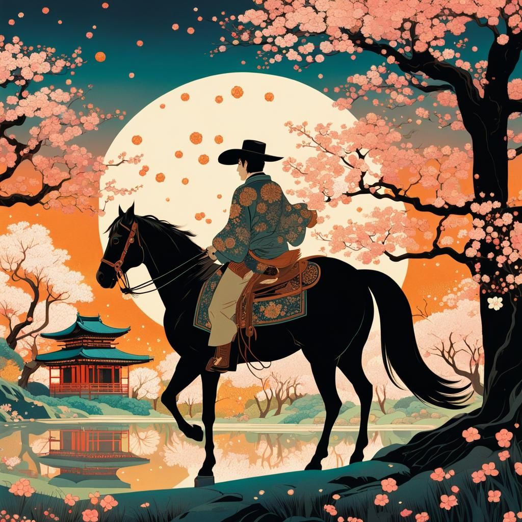 Cowboy Under Sakura Trees in Illustration Style