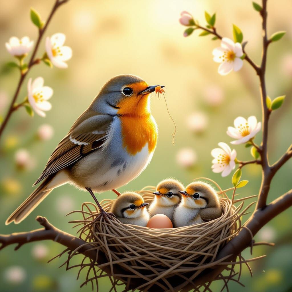 Robin with Worm in Audubon-Style Wildlife Illustration