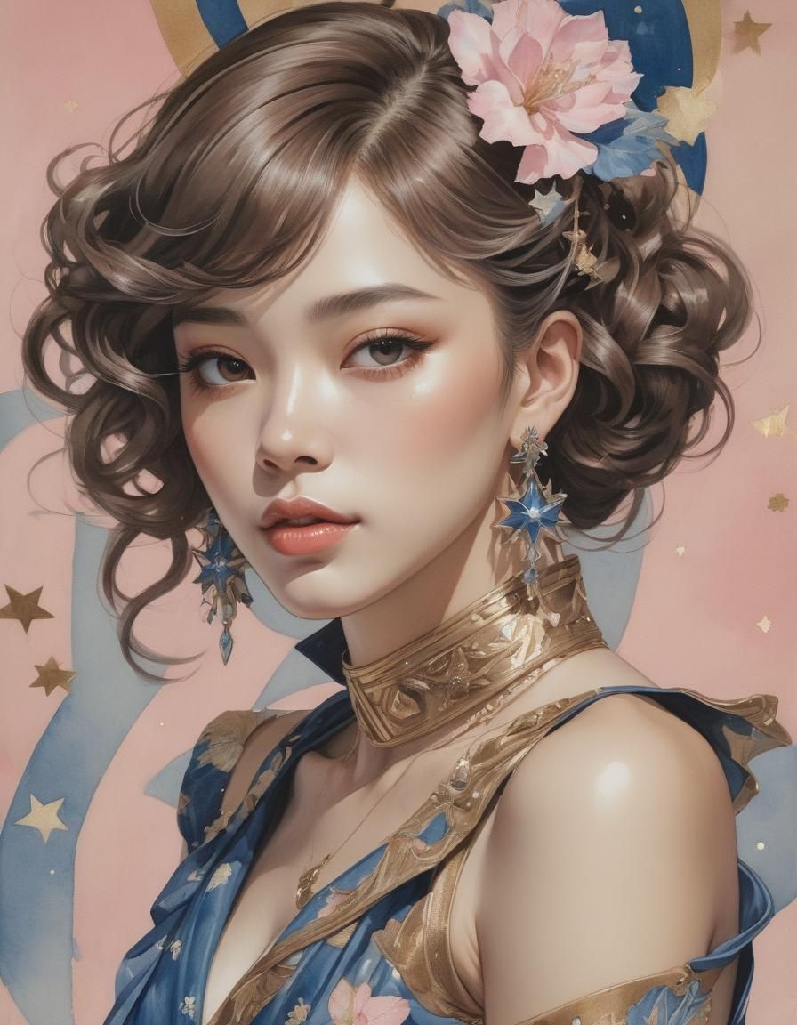 Beautiful Woman Portrait in J.C. Leyendecker Watercolor Styl...