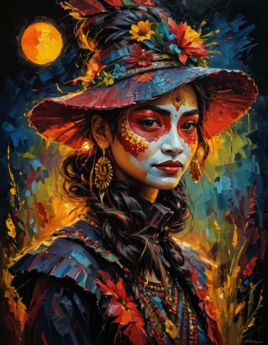 Indigenous Woman Portrait in Neo-Impressionist Style