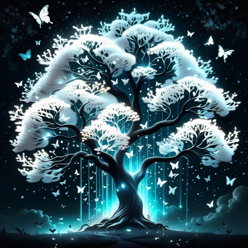 Bioluminescent Tree Under Sparkling Night Sky in 3D