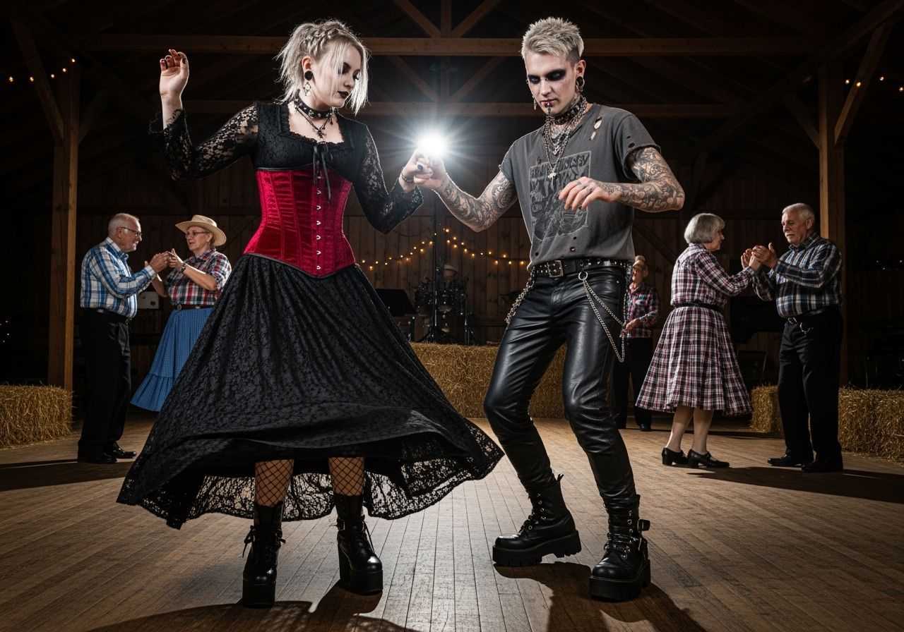 Goth Couple Square Dancing in Barn