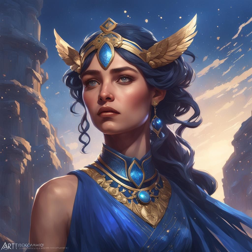 Artemis in Blue Gown: Art Nouveau Portrait