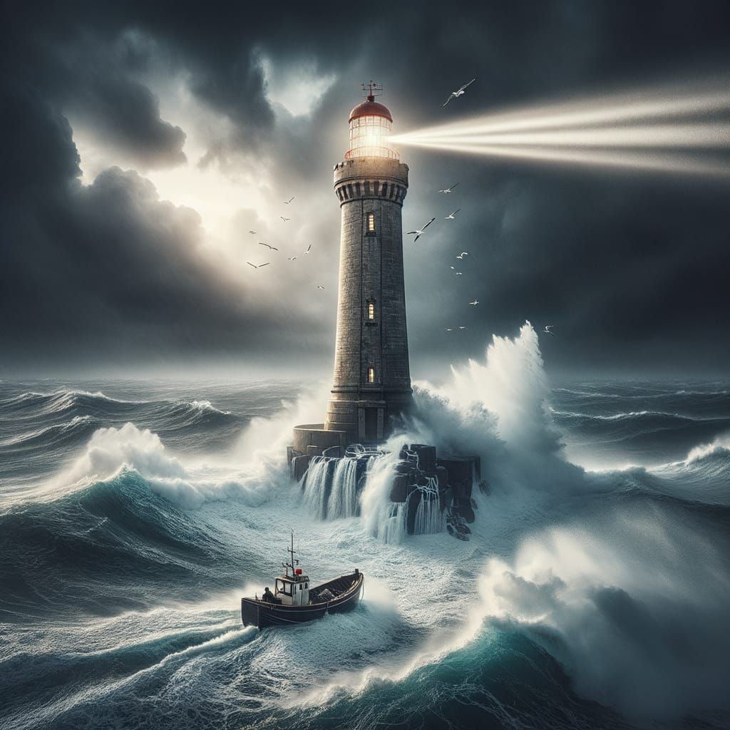 Lighthouse Shines over Stormy Sea in HDR