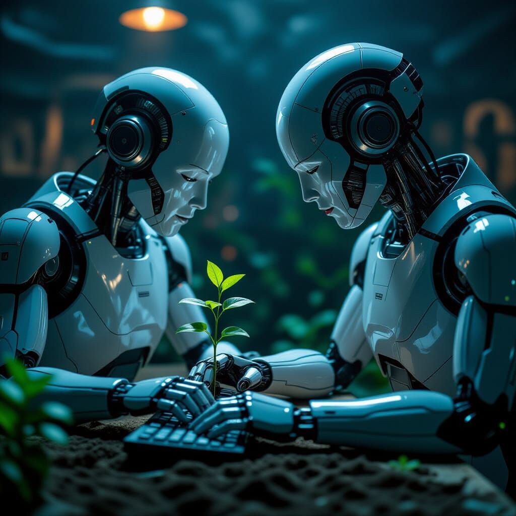 Cyborg Gardener Plants Seedling in Cinematic Lighting