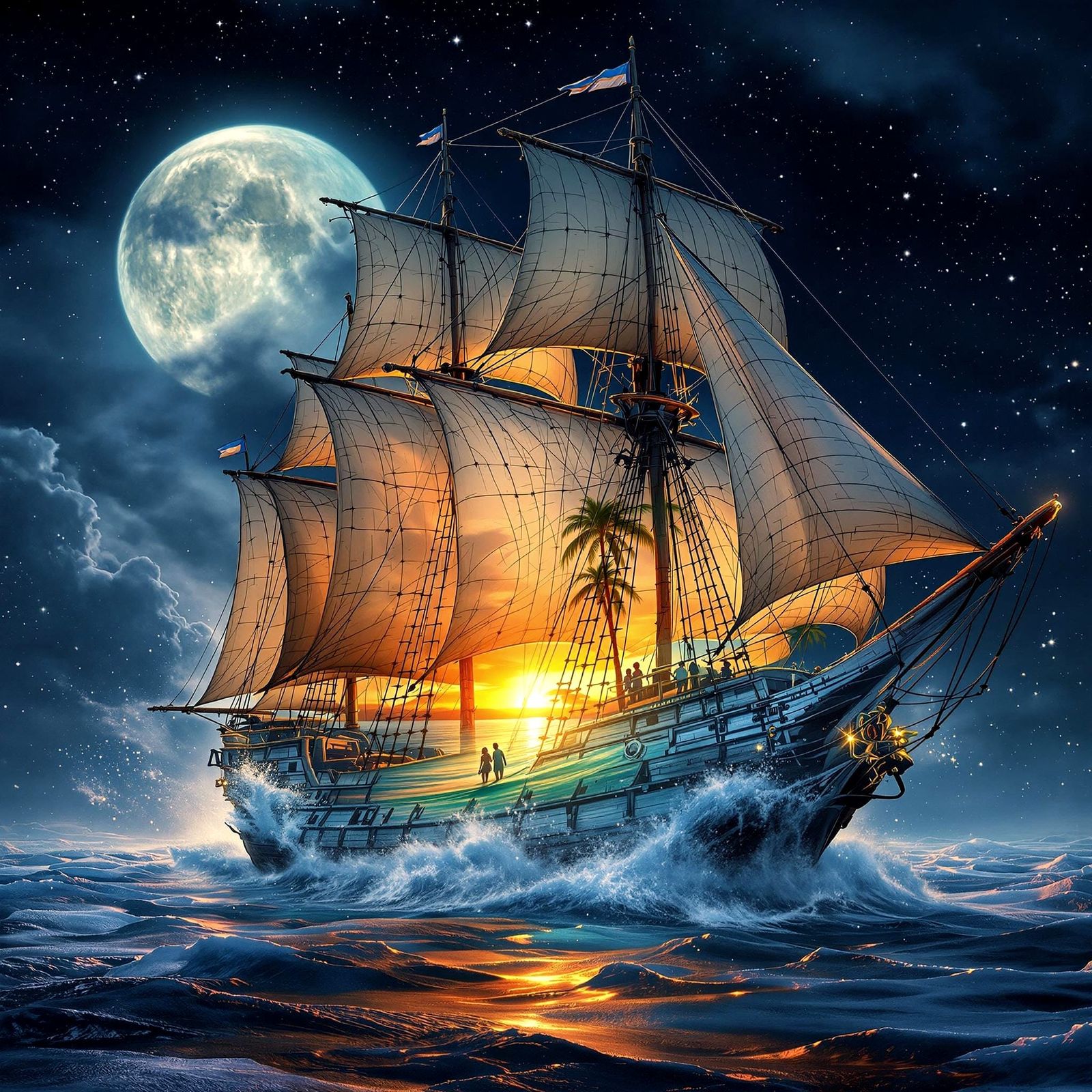 Holographic Corsair Ship in Sunset Tropical Paradise